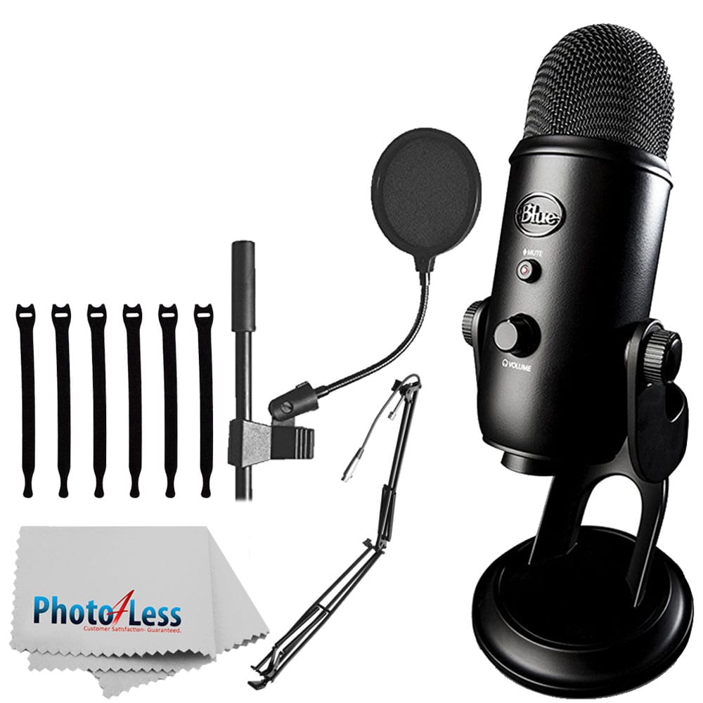 Blue Yeti USB Microphone (Blackout) + On-Stage MBS5000 Broadcast/Webcast  Boom Arm w/ XLR Cable + On Stage Pop Blocker 4” + Op/Tech Strapeez +