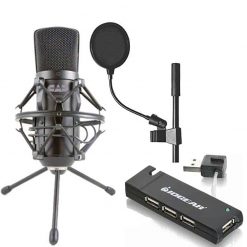 Blue Yeti USB Microphone (Blackout) + On-Stage MBS5000 Broadcast/Webcast  Boom Arm w/ XLR Cable + On Stage Pop Blocker 4” + Op/Tech Strapeez +