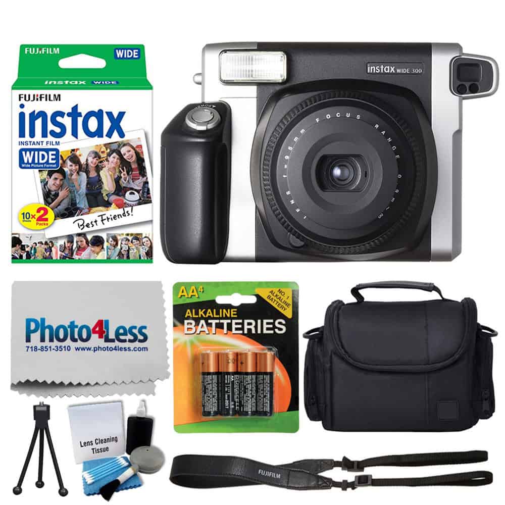Photo4Less | Fujifilm INSTAX Wide 300 Instant Film Camera + Fujifilm Instax Wide Instant Twin Pack (20 Shots) + Medium Case + AA 4 Batteries + Photo4Less Cleaning Cloth – International (No Warranty)