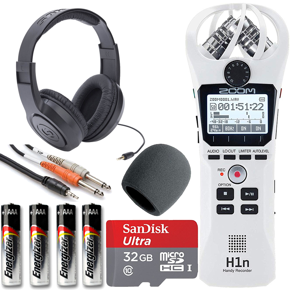 Photo4Less  Zoom H1n Handy Recorder White + On Stage Windscreen + Ultra  32GB Card + Cable + Samson Headphones + AAA Batteries