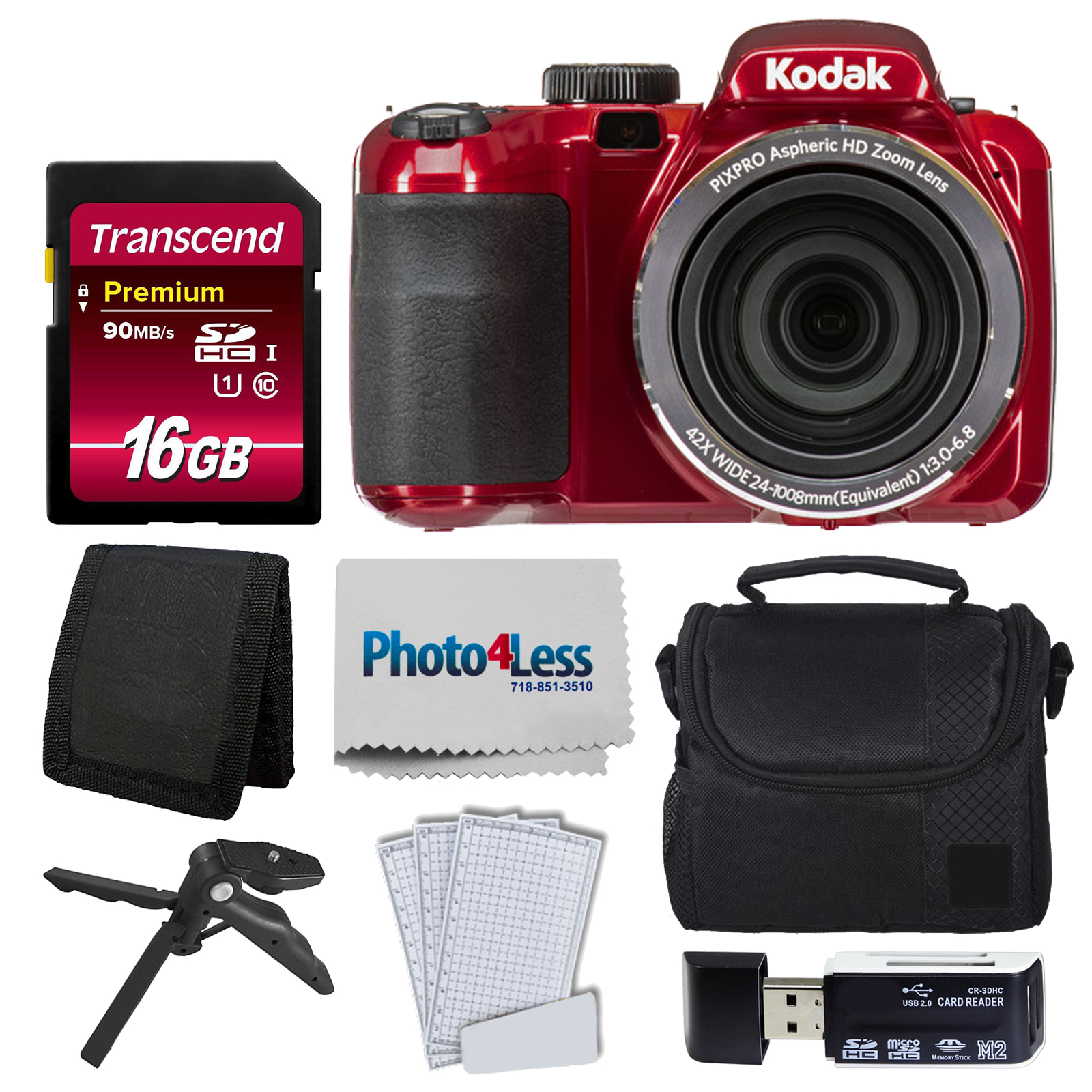 Photo4Less Kodak PIXPRO AZ421 Digital Camera (Red) Bundle 16GB Memory  SD Card Case